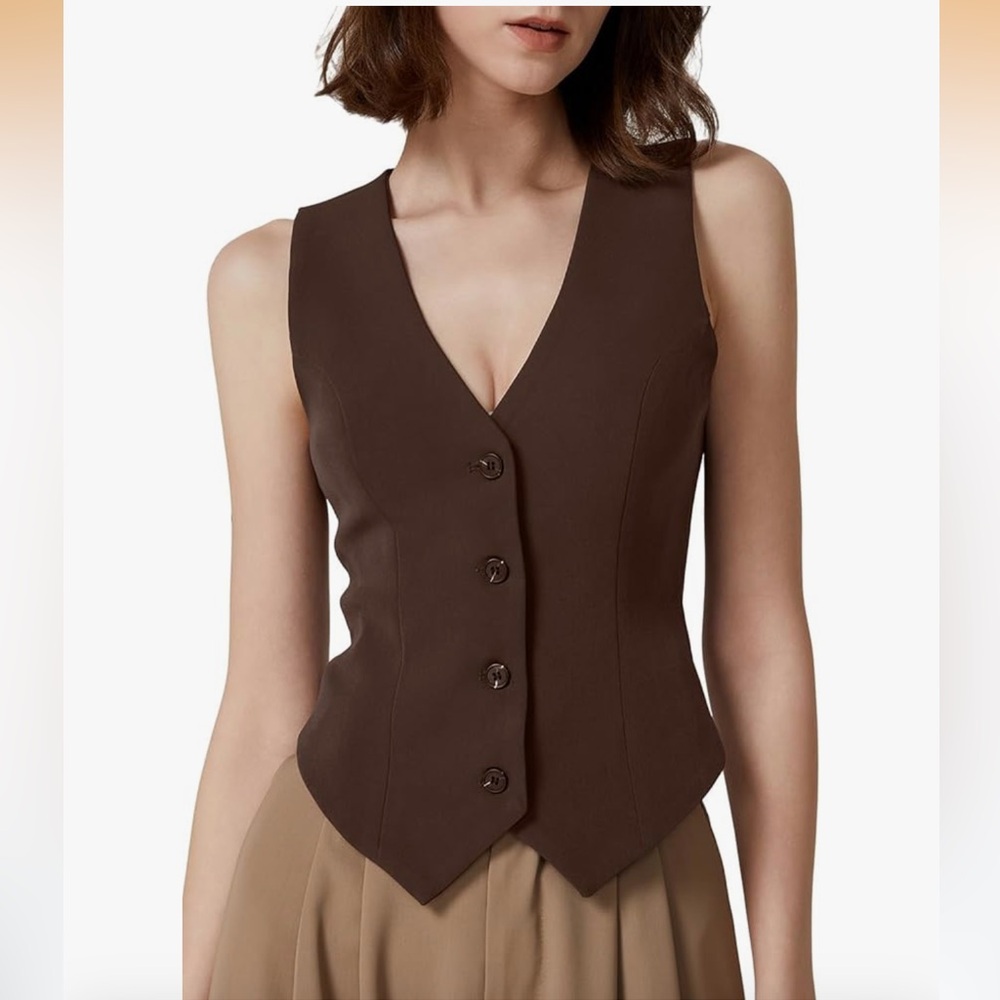 Womens V Neck Vest Top Button Down Lined Solid Crop Waistcoat Brown Large